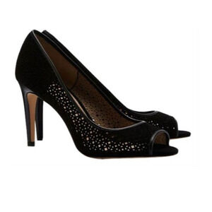 Tory Burch Elinor 90mm Pump Kid Suede Peep Toe Laser Cut Black Slim Heel 5.5